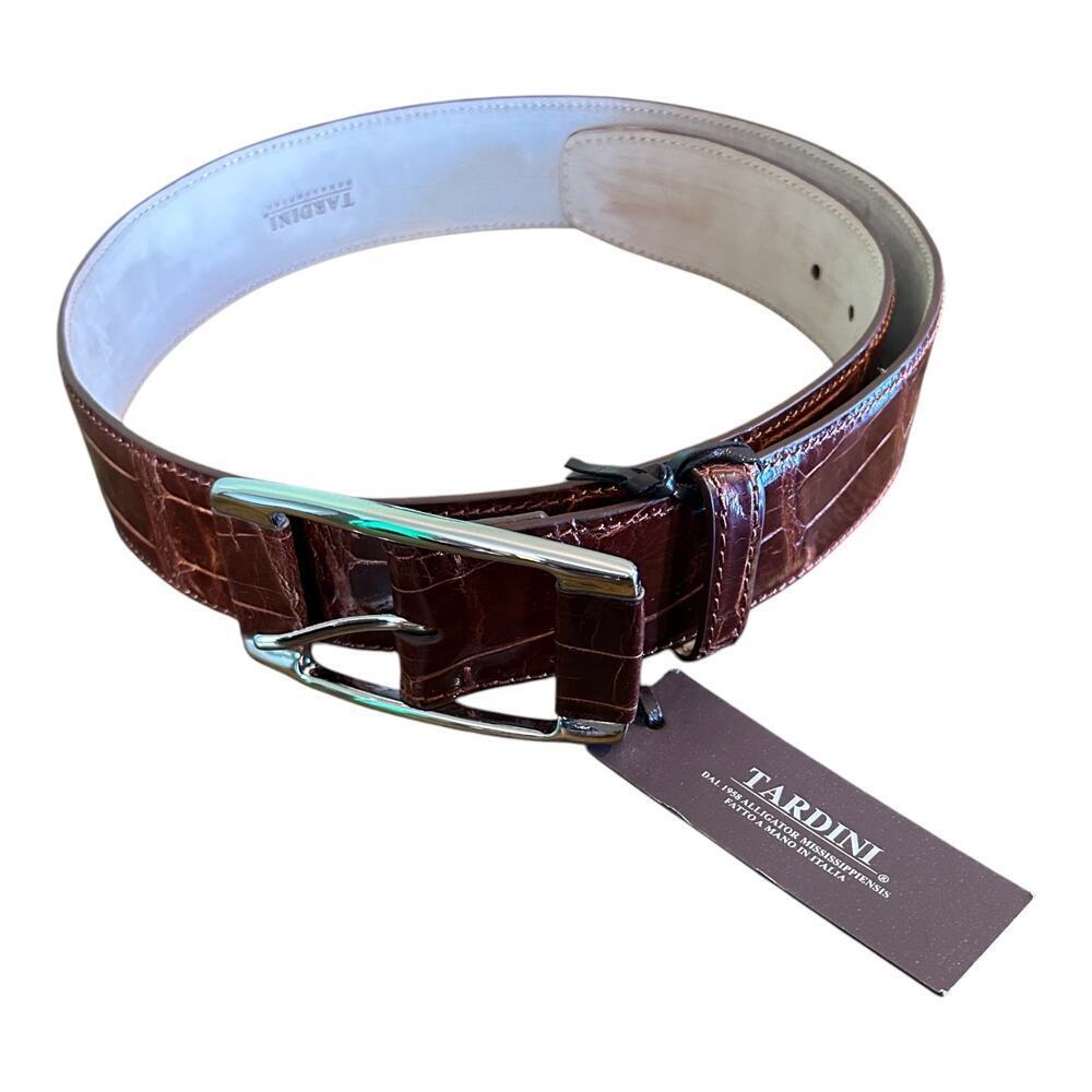 Tardini Men's American Alligator Textured Wrap Buckled Brown Belt 34